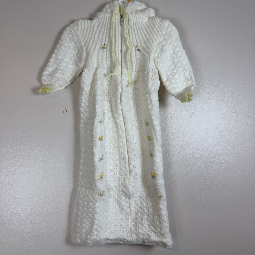 Vintage Light Yellow Ivory Duck Infant Crochet One Piece Hooded Full Zip Acrylic